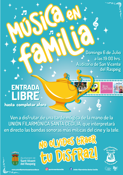 Cartel del concierto familiar "Música en Familia" en San Vicente del Raspeig, con entrada gratuita y bandas sonoras infantiles interpretadas por la Unión Filarmónica Santa Cecilia.